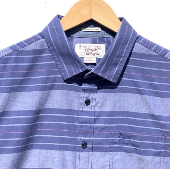 PENGUIN Mens Blue Striped Short Sleeve Button Front Shirt Size Large Slim Fit - Picture 4 of 11
